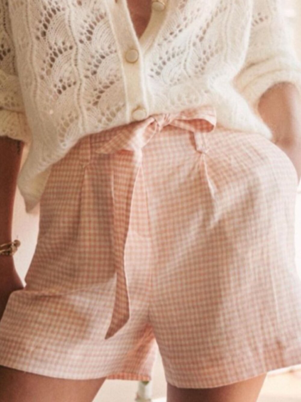 Sezane Lucas Linen Pink Gingham Belted Shorts 36 / US 4